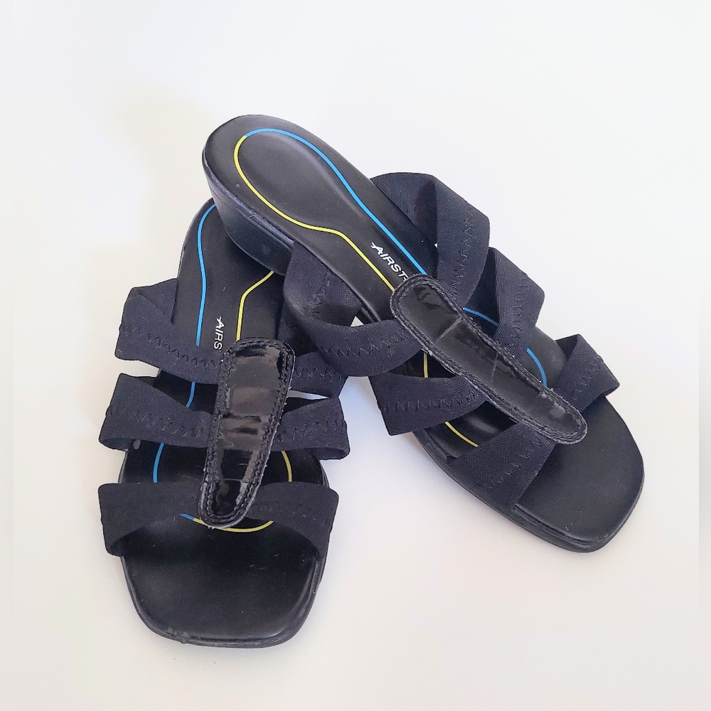 AIRSTEP Womens Size 7.5W Low Wedge Summer Black Fabric Sandals